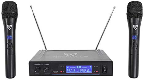 Rockville RWM1203VH Dual Wireless Handheld Microphone System, 2 Mics, VHF Long Range, Clear Sound, Digital Display, for Karaoke, Stage, Church, Live Events