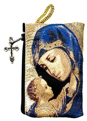 Intercession Hand-Woven, Lined Madonna and Child Rosary Pouch, Made in Turkey with Premium Metallic Thread (Blue - Small)
