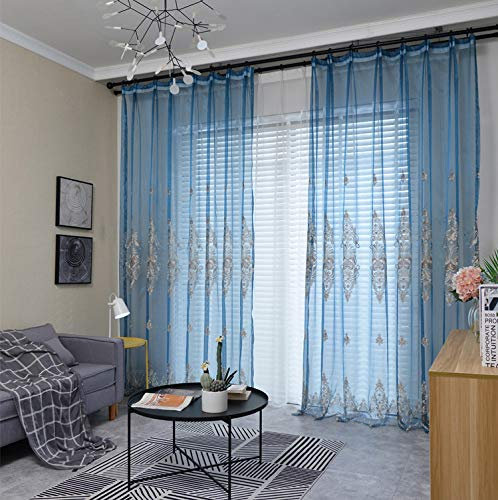Lactraum Gardine Wohnzimmer Blau Tranparent Bestickt Vintage Klassische Begonie Voile Blau mit Ösen 300 x 245 cm (BxH)