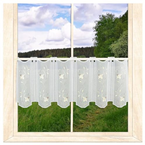 atelier alles-Spitze Kurzstore Blütenranke Beige HxB 35x64cm | Halbtransparente Vogtländische Stickereigardine in Weiß-Beige-Braun atelier alles-Spitze
