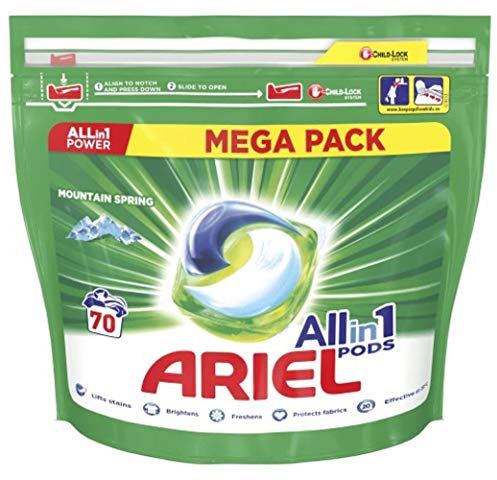 Ariel Detergente todo en 1 cápsulas de lavado Mountain Spring, 70 piezas