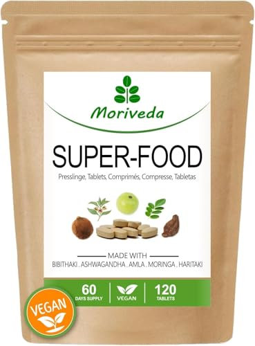 MoriVeda® Superfood Comprimés 1000mg | Mélange Moringa + Ashwagandha + Triphala | Fournisseur de nutriments jusqu'à 2 mois | 120 comprimés