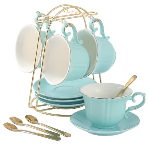 DUJUST Tea Cups and Saucers Set of 4 (8 OZ), Candy Color Tea Cup Set with Golden Trim, Petal Edge Coffee Cups with Metal Stand, Simple Style Porcelain Tea Party Set - Nile Blue