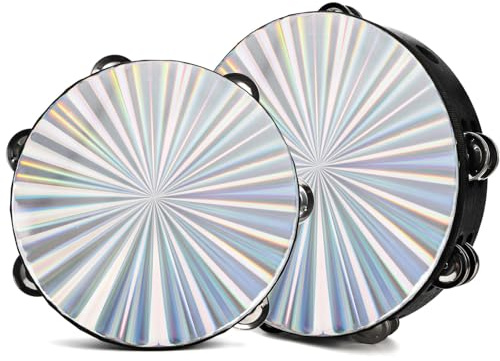 YOUEON 2 Pack Radiant Tambourine with Double Row Jingles, 8/10 Inch Wood Handbell Music Reflective Drum, Hand Drum Percussion Instrument for Church, Tambourine for Dance, Party, KTV