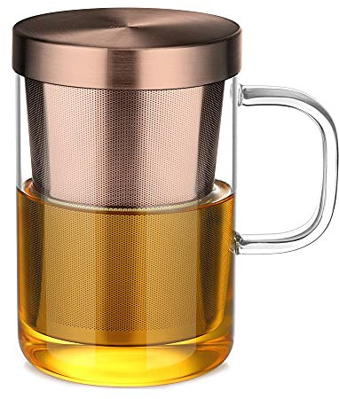 ecooe Bronzo Tazza da tè in Vetro, 500ml (Piena Capacità) Tazza da tè con Filtro in Acciaio Inox e Coperchio, Bicchiere da tè in Borosilicato per caffè Succo Bevande Gassate Latte Yogurt