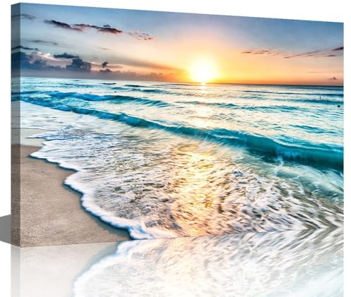 TISHIRON Wall Decorations Beach Sunset Wave For Home Modern Decor Blue Ocean Sea Painting Pictures Print On Canvas Wall Art Wooden Frame Ready To Hang(18X12in)