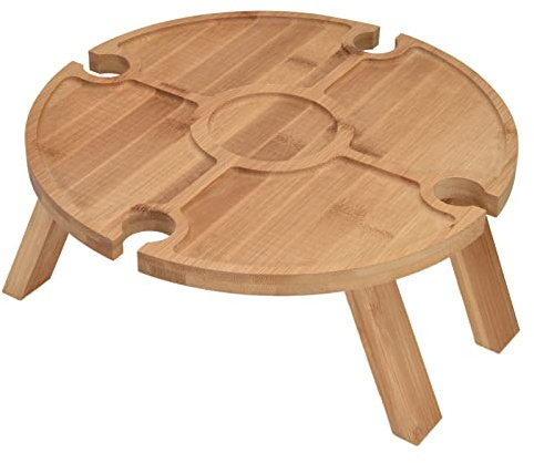 01 02 015 Folding Picnic Table | Outdoor Portable Wooden Picnic Table with Wine Glass Holder | Suitable for Hiking Camping | 11.8inch Diameter