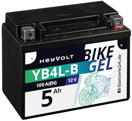 HeyVolt GEL Motorradbatterie 12V 5Ah YB4L-B 50411 | CB4L-B, YB4L-A, 12N4-3B, 4Ah Rollerbatterie, Lead Calcium