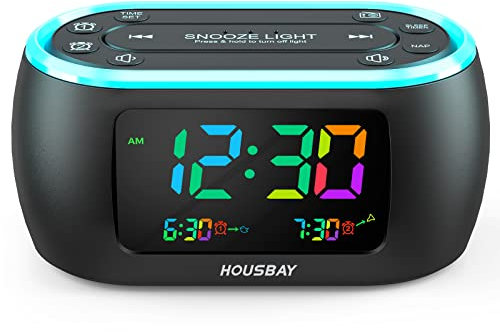 HOUSBAY 3 in 1 Alarm Clock for Bedrooms- Clock Radio & Night Light, Rainbow Digit, Dual Alarm, Small Radio Alarm Clock for Kids, Teens