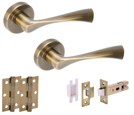 Hunta HANDLEZONE® Zena Internal Door Handle Latch Pack, Complete with Lever On Rose Handles, Latch, Ball Bearing Hinges - Antique Bronze