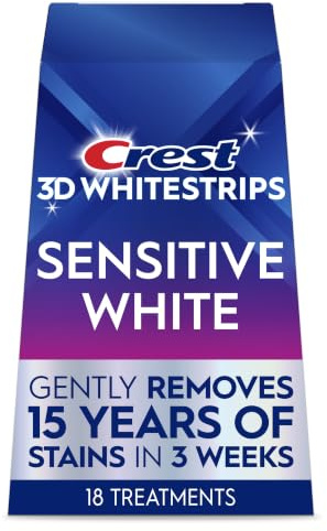 Crest 3D Whitestrips Sensitive At-Home Tandblekningskit, 18 behandlingar, tar försiktigt bort 15 års fläckar, vapen vitesträns, tandblekningskit