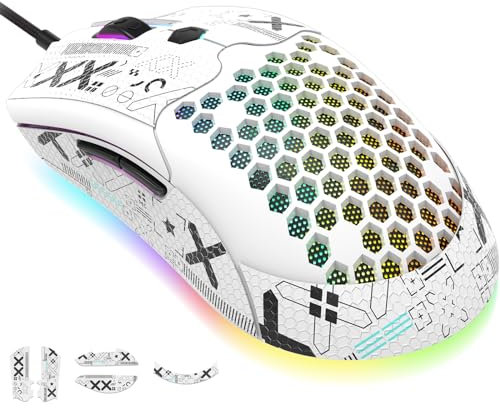 KUIYN Ratón para Juegos con Cable Ultraligero 383 Pro M5, Carcasa de Nido de Abeja Ligera, Pixart PAW3325, 6 dpi Ajustables 12000, 26 Ratones retroiluminados con respiración RGB, 65 g, Modelo óptico