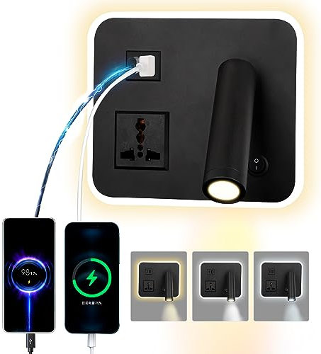 uksunvi Lámpara de pared de lectura LED, con enchufe universal, interruptor de Puerto de carga dual ajustable USB tipo - c, lámpara de pared giratoria de 12w, atenuación tricolor (Negro cuadrado)