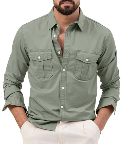 Freizeithemden für Herren, Revers Langarm Solid Color Hemden mit 2 Brusttaschen Herbstshirt Leisure Men's Cargo-Hemd Knopfleiste Langarmshirts mit Knöpfe