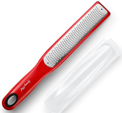 Spring Chef Cheese Grater - Zester/Grater for Lemon, Lime, Oranges, Citrus, Garlic, Ginger, Nutmeg, Chocolate; Handheld Kitchen Tool, Sharp 304 Stainless Steel and Blade Cover - Fine Shred, Red