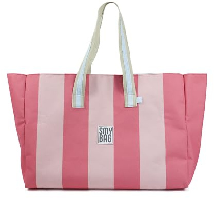 Ponette - Bolsa de Playa Familiar XXL de Rayas Fresa y Rosa con Asas Celeste y Crudo, Forro, Bolsillo, Cintas para Cierre, Playa, Piscina, Tote, Marca Española