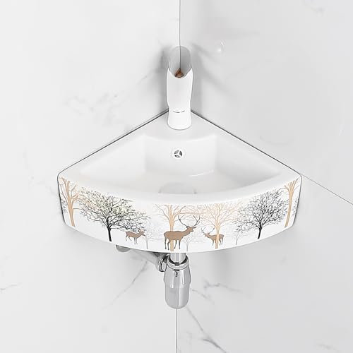 Lavabo In Ceramica Ad Angolo Bianco Triangolare,Lavabo Bagno Angolare Sospeso In Ceramica,Lavandino Piccolo,Lavello Bagno,Lavandino Piccolo,Sanitari Bagno,Lavandino Del Bagno(Gold,14.5in/47cm)