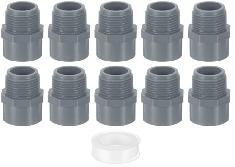 QUARKZMAN 10Pcs 32mm Adaptador Macho de PVC para Conexión de Tuberías, Conectores de Tubería de PVC de 2 Vías con Cinta Selladora (Enchufe x Rosca de Tubería Macho) (Gris)