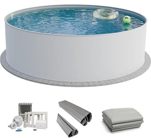 Fresh-Pool Profi Stahlwandpool Set rund, 420x150 cm, Stahl 0,8 mm weiß, Folie 0,8 mm grau, Einhängebiese