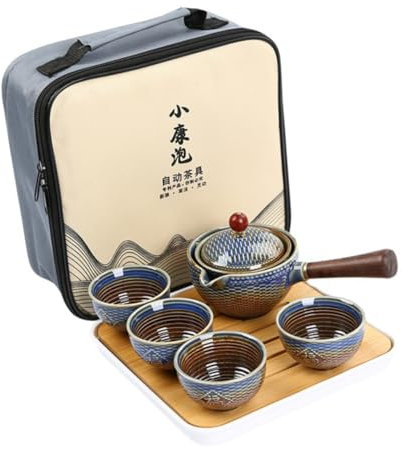 GRIRIW Tetera Automática Giratoria Juego De Té De Cerámica Portátil Taza De Té para Viaje Kit De para Hogar Bolsa De Transporte y Bandeja para Servir