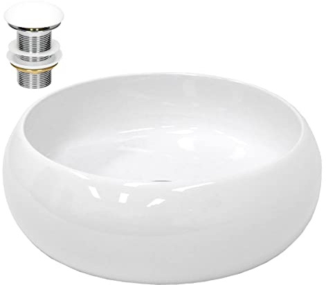 LuxeBath Waschbecken Keramik rund Ø 35 x 120 mm Weiß mit Ablaufgarnitur Weiß, Aufsatzwaschbecken für Badezimmer/Gäste-WC, Modernes Aufsatzbecken, Waschtisch Waschschale Waschplatz Handwaschbecken