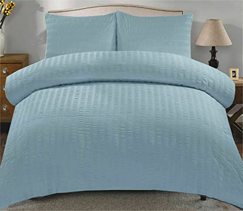 KD HOME EVERYTHING YOU NEED Seersucker Duvet Quilt Cover Set with Matching Pillowcases, Ultra Soft Cosy Polycotton Stripe Design, Easy Care & Machine Washable (Duck Egg Pale Blue, Double)