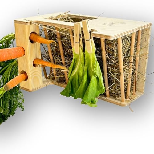 STAFECO Premium Heuraufe Naturholz mit Haken & Clips für Salat Futterstation für Kaninchen, Meerschweinchen, Hasen, Hamster Perfekt für Kaninchenstall (breit 2)