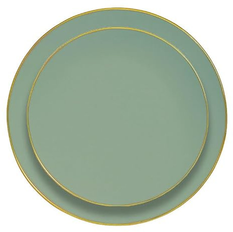 Élégant Ensemble d'Assiettes Réutilisables, Couleur au Choix avec Bordure Dorée, 16 Pièces, Grande 23cm et Petite 19cm,Plastique PVC Brillant,Lavable au Lave-vaisselle,Décoration Mariage (Vert Sauge)