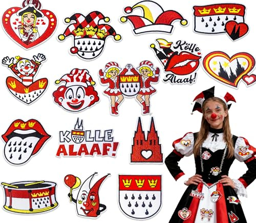 15 Stück Bügelbilder Karneval Rot Weiß, Bügelflicken für Kölner Karneval | 15 bunte Motive; aufbügelbar oder annähbar; für Jeans, Jacken, Hosen und Hüte; passend für Kostüme und Vereinslooks