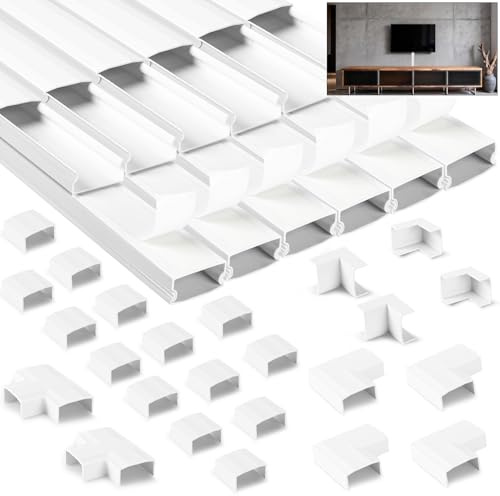 NUTKIT 4,8 m kabeltrunkningssats, vit trådtrunkning för elektriska kablar, kabelskydd för sladd, självhäftande trunking för TV-kablar, kabelhantering för att dölja ledningar på väggen – 12 x L 400 mm