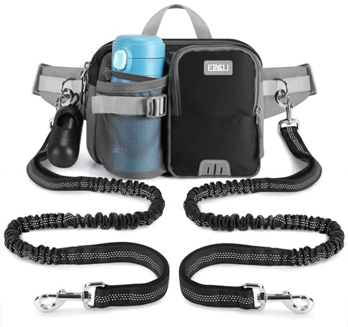 ETACCU Joggingleine Hunde mit Bauchgurt für 2 Hunde Freihandleinen Jogging | Hundeleine für große und mittelgroße Hunde, Elastische Reflektierende Laufleine 124-180 cm für Laufen, Joggen (Schwarz 2)