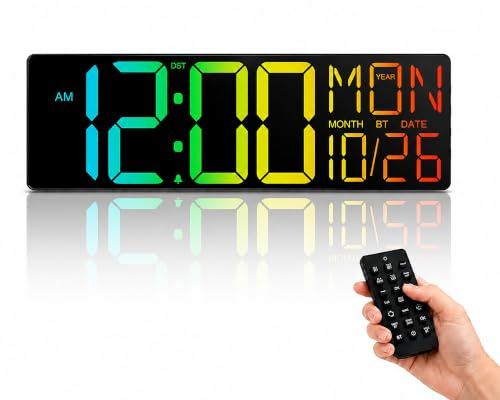 Maxstar Reloj Pared 18 Digital con Mando a Distancia, Temperatura/Fecha, Temporizador Cuenta Regresiva, Formato 12/24H, Grandes Dígitos Ultra Legibles, para Salón, Cocina, Dormitorio, Oficina (Negro)