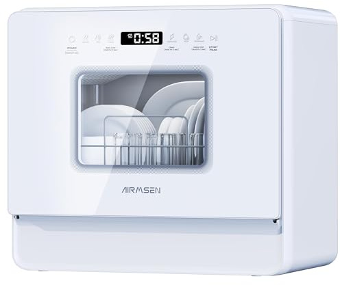 AIRMSEN 2025 NEW Upgraded Table Top Dishwasher with Soft Water Salt Function, Portable Countertop Dishwasher with 9 Programs & 5L Tank, 2-12H Delay Start & 360° Triple Spray Arms, White