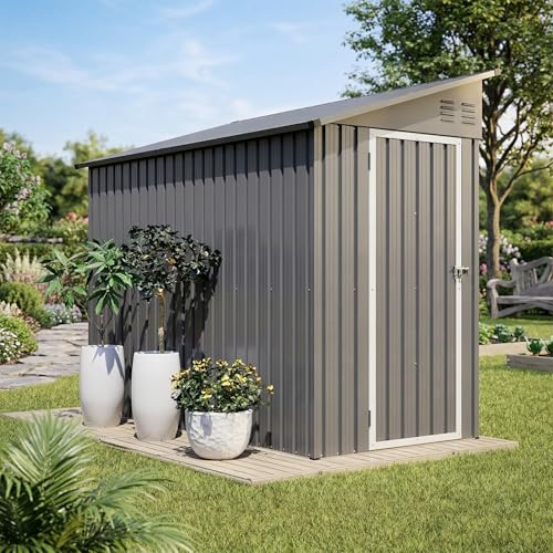Caseta de Jardín de Metal 3m² Cobertizo Jardín con Techo Inclinado, Caseta Exterior Adosable Antracita, Puerta con Cerradura y 2 Rejillas de Ventilación para Herramientas, Cortacésped, Bicicletas
