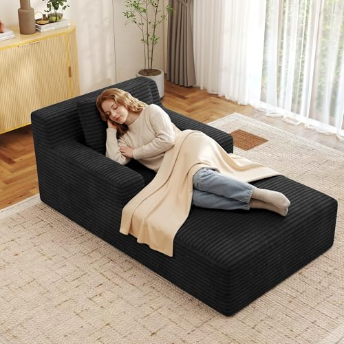 Fijinhom Boneless Sofa Modernes Cord Bodensofa mit Schlaffunktion – Chaiselongue Loungesofa, Bequeme Sofa Couch für Wohnzimmer, Keine Montage erforderlich, 1 Kissen, Schwarz, 160 * 105 * 72