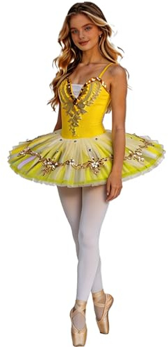 inlzdz Barn, baletttröja flicka, prinsessa, dansklänning, tyll, balettklänning, tutu för balett, bodyklänning, balettdräkt med kjol, scen, GUL, 122-128