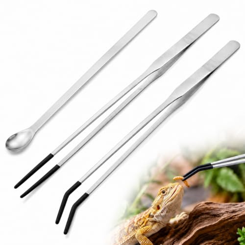 3 PCS Reptile Feeding Tongs Stainless Steel Feeding Tongs for Reptiles | Straight & Curved with Rubber Tip, quarium Tweezers, For Lizards & Reptiles, Aquatic Plant Tool, Feeder Tweezers