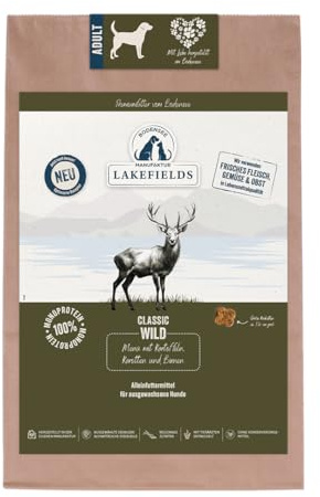 Lakefields Classic Hundefutter trocken | Wild 60% | 2,5kg | Getreidefreies Trockenfutter für ausgewachsene Hunde | Zutaten in Lebensmittelqualität | Heidelbeeren, Karotten & Birne | Schonend gebacken