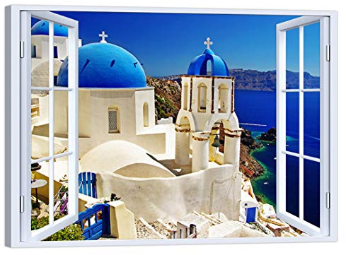 LuxHomeDecor Quadro finestra paesaggio grecia 100x75 cm Stampa su Tela con Telaio in Legno Arredamento Arte Arredo Moderno