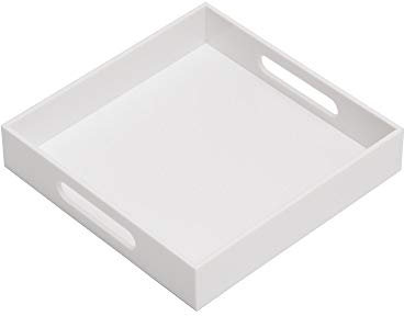 KEVLANG Glossy White Sturdy Acrylic Serving Tray with Handles-10x10Inch-Serving Coffee,Appetizer,Breakfast,Butler-Kitchen Countertop-Makeup Drawer Organizer-Vanity Table,Ottoman Tray-Decorative Tray