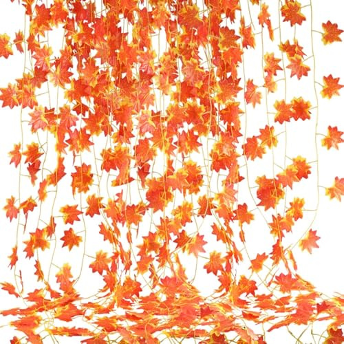 HUAESIN 12pcs Ghirlanda di Foglie d’Acero Artificiali 2.45m Ghirlanda di Foglie Autunnali, Foglie per Vetrina Autunnale Decorazione Foglie Finte per Decorazioni Balcone Feste Natale Halloween
