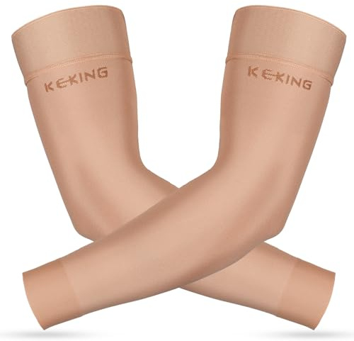 KEKING Lymphedema Compression Arm Sleeves for Men Women (Pair), No Silicone Dot, 20-30 mmHg Graduated Compression for Lipedema, Edema, Post Surgery Recovery, Swelling, Pain Relief, Beige L