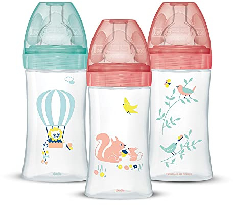 Set med 3 babyflaskor, antikolik Sensation+, för flickor, 270 ml, 0-6 månader, platt sugkopp, flöde 2