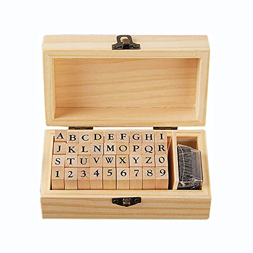 Tiardey 36PCS Holzstempel Set Vintage AZ Alphabet Buchstabe 0-9 Zahl Stempel Siegel mit Stempelkissen - Schriftart 1