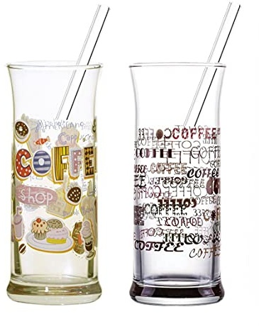 Topkapi 251.005 Eiskaffee Frappe Gläser Set San Marino - 6 Personen, ~290ml | Bar & Lounge Serie: 6 Gläser und Glashalme mit Dekor für Milchkaffee, Milchshake, Cocktails, Longdrinks, Kakao und viele mehr
