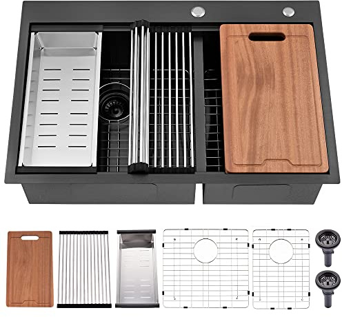 33 Inch Black Drop In Double Bowl Kitchen Sink Workstation-Bokaiya 33x22 Drop In Black Stainless Steel Top Mount Workstation Sink 16 Gauge Low Divide 60/40 Double Sink with Cutting Board