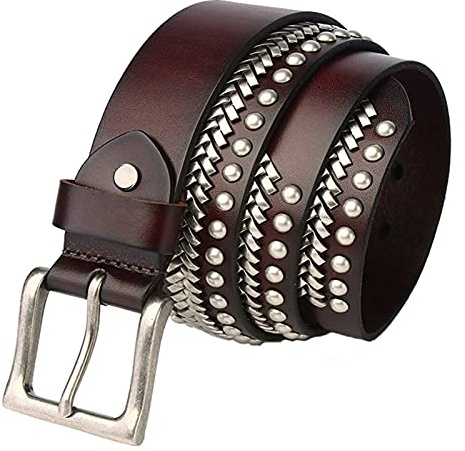 DFGGE 3 Reihen Nieten Echtes Leder Hand Gemacht Gürtel Punk Gothic Style Hip Hop Rock Nietengürtel Damen Und Herren Mit Silberfarbener Dornschließe Ledergürtel,Kaffee,110cm/waist:36~38
