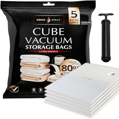 GENIE SPACE Cube Vacuum Storage Bags for Clothes, Bedding and Loft Storage, Extra-Large 100×80×38 cm, Airtight, Odour-Proof and Reusable Space Saver Bags with Double Zipper Seal, 5-Pack with Hand Pump