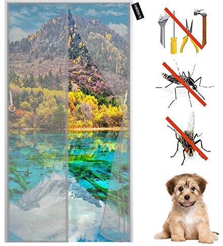 Fliegengitter Magnet Tür Balkontür 100 x 210 cm Insektenschutz Magnet Fliegengitter Automatisch Verschließen mit Klettband für Balkontür Wohnzimmer Terrassentür Grau