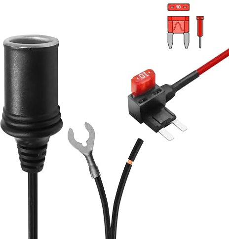 MASIGO 12/24V Kfz-Weibliche Zigarettenanzünder-Verlängerungskabel mit Mini Add-a-Circuit Sicherungsadapter, Direktverdrahtung der Dashcam zur Batterie, inklusive 10A Flachsicherung